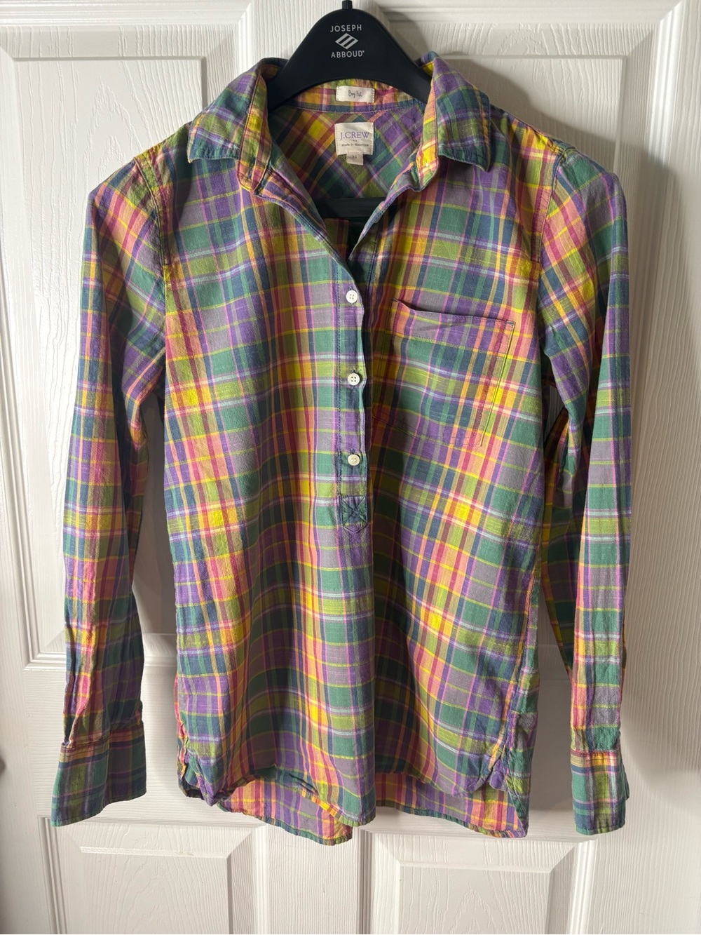J. Crew Boy Fit Madras Plaid Button-Front Shirt Purple Green Yellow Pink